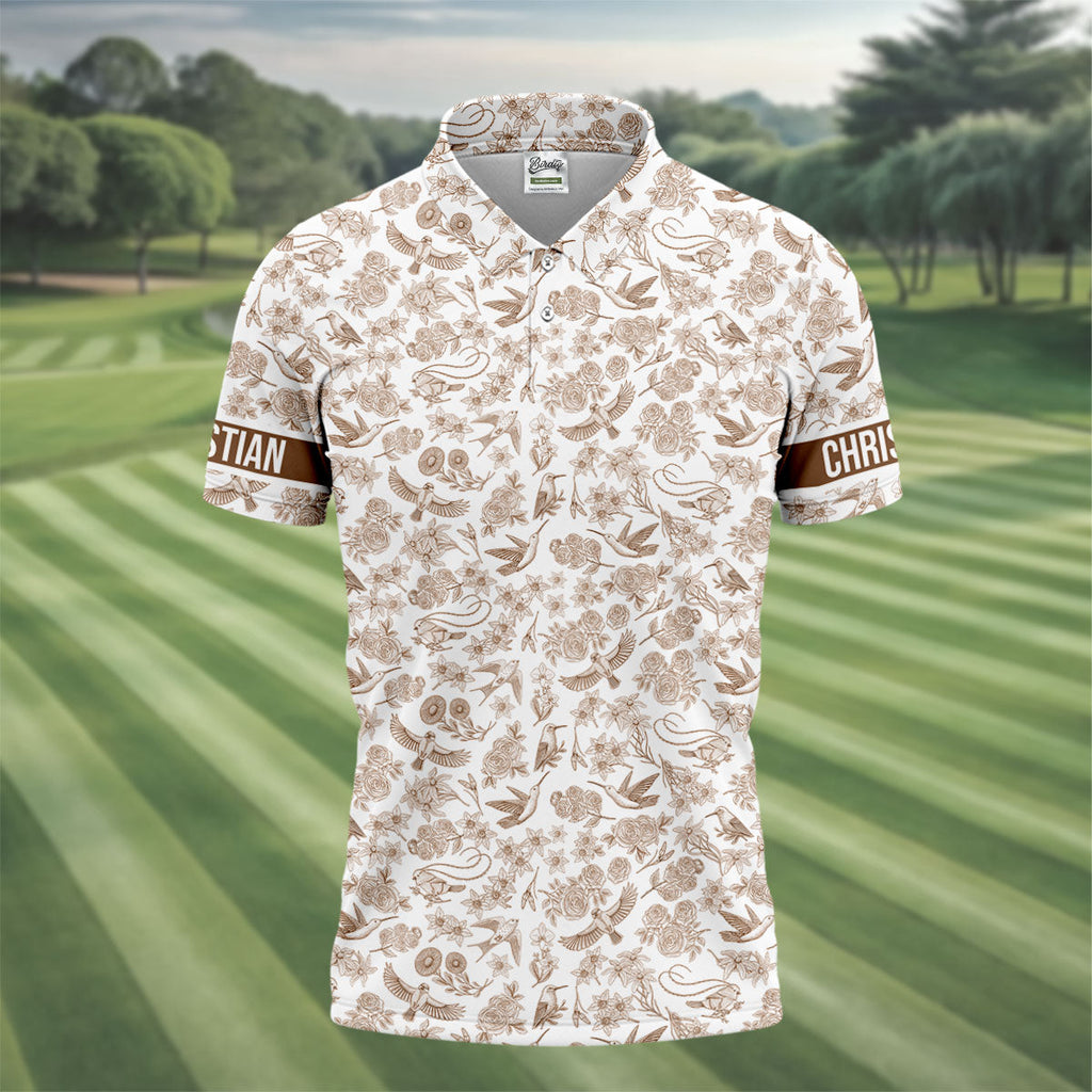 Custom Name Toile de Jouy Birds And Flowers Brown Golf Shirt, Polo Shirts For Men, Golf Gift For Men