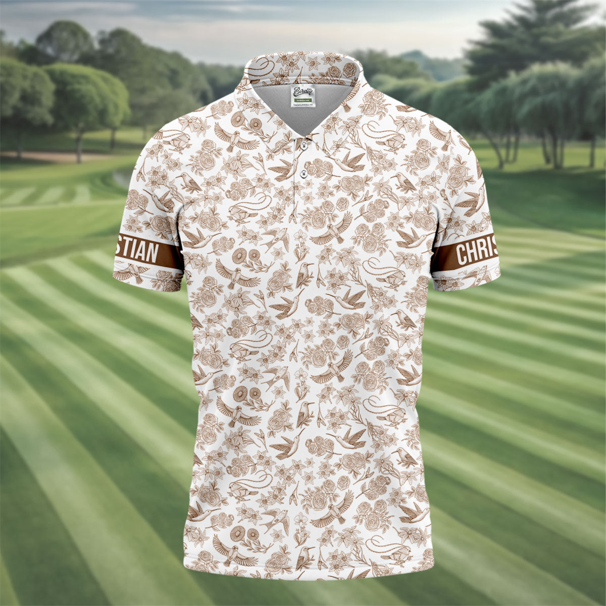 Custom Name Toile de Jouy Birds And Flowers Brown Golf Shirt, Polo Shirts For Men, Golf Gift For Men