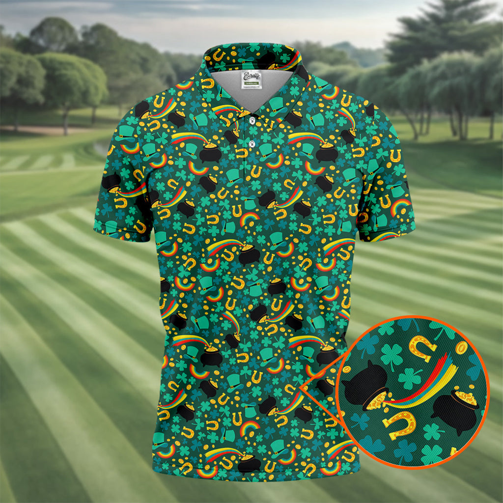 Shamrock Beer Lucky Four Leaf Clover St Patrick's Day Pot Of Gold Polo Shirts For Men, Golf Gift For Men