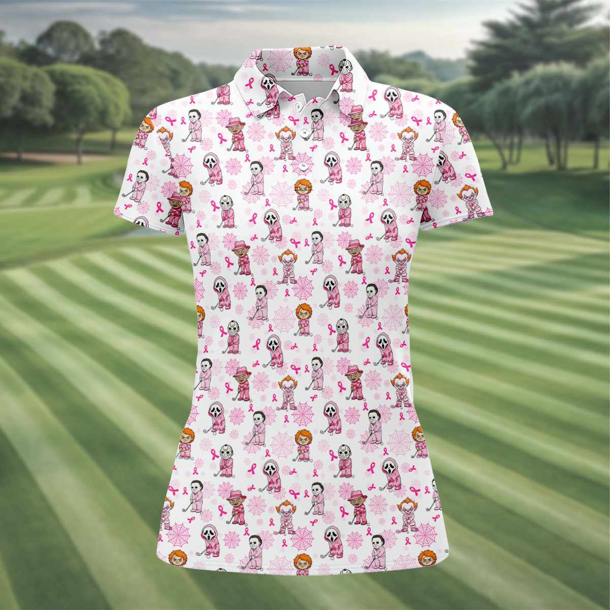 Halloween Horror Character Breast Cancer Polo Shirt, Ladies Golf Tops, Printed Golf Shirt