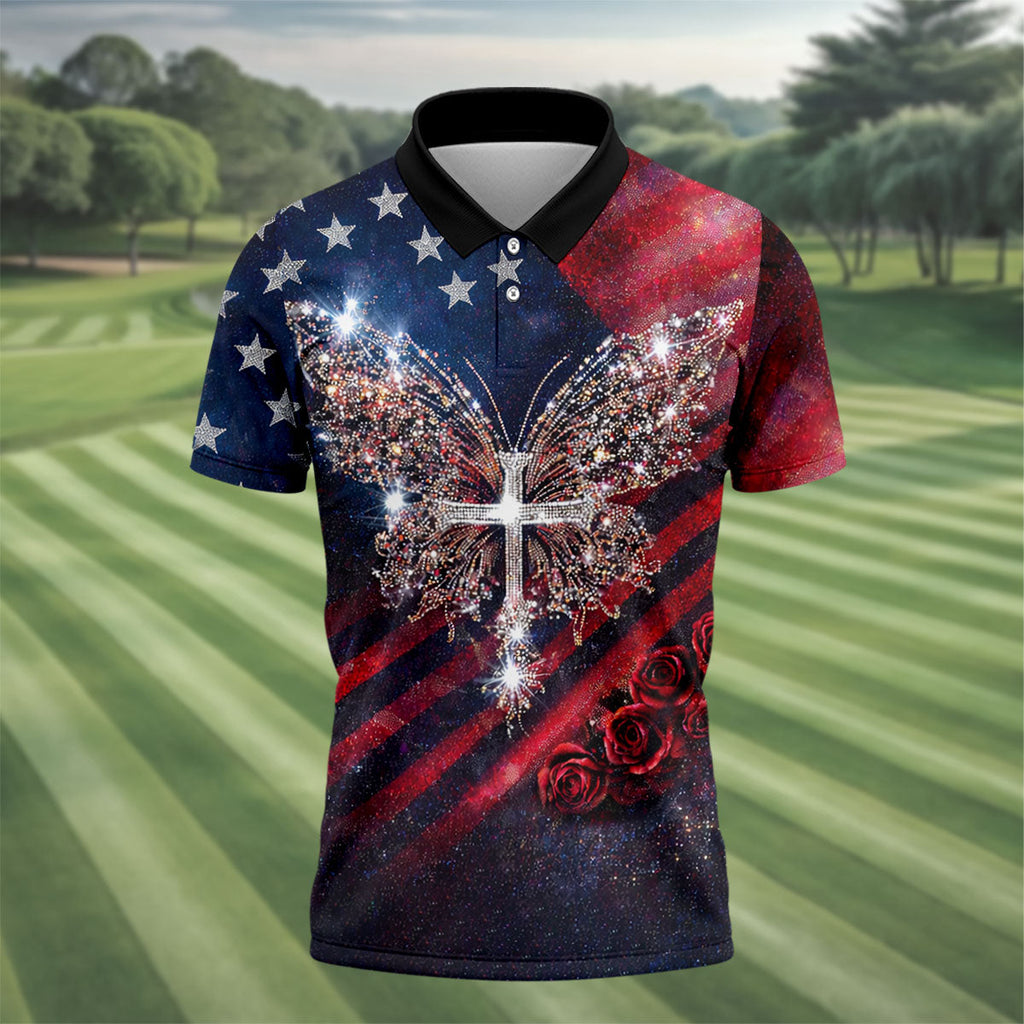 Vintage Faith Rhinestone Butterfly American Flag Golf Shirt, 250 Years Patriotic 4th Of July Golf Shirts For Men