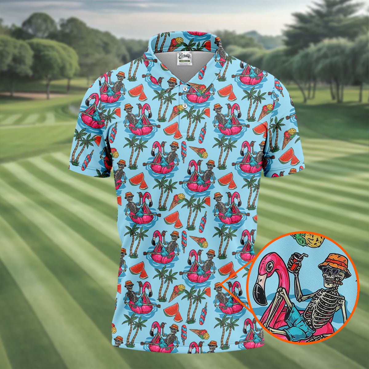 Skeleton Flamingo Summer Vibe Retro Golf Shirt, Men's Funny Golf Shirts, Polo Shirts For Men, Golf Shirts For Men