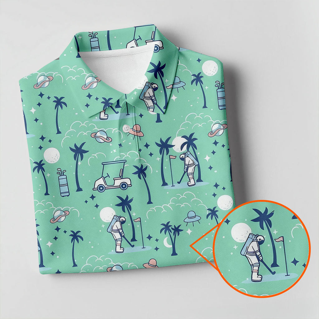 Astronaut Golfing Space Themed Tropical Golf Shirt, Golf Tops For Men, Golf Shirts For Men