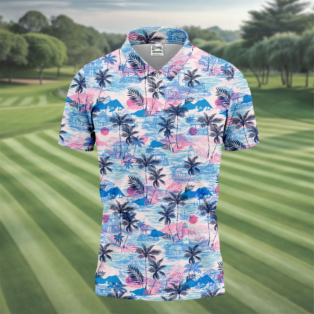 Tropical Island Sunset Pink And Blue Hawaiian Golf Shirt, Polo Shirts For Men, Golfing Apparel