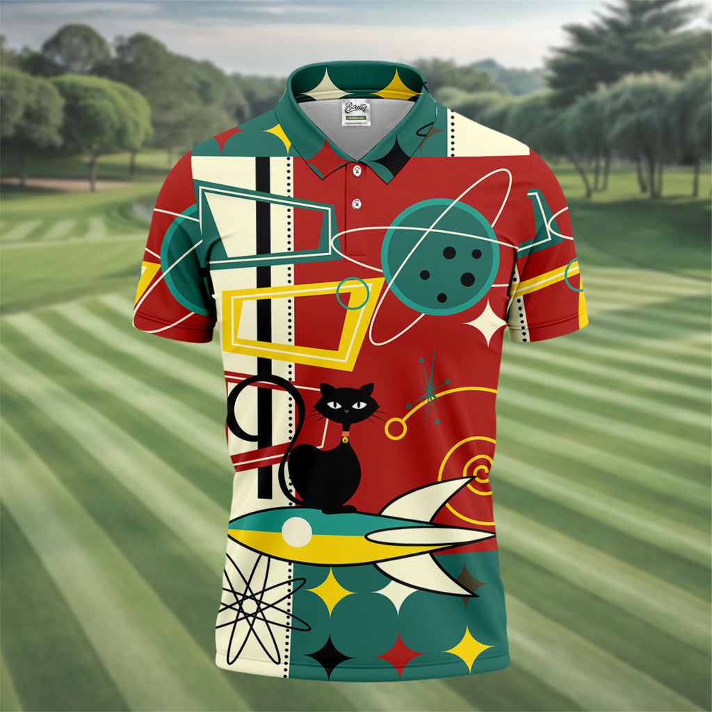 Geometric Abstraction Atomic Cat Hawaiian Golf Shirt, Retro Golf Shirt, Polo Shirts For Men