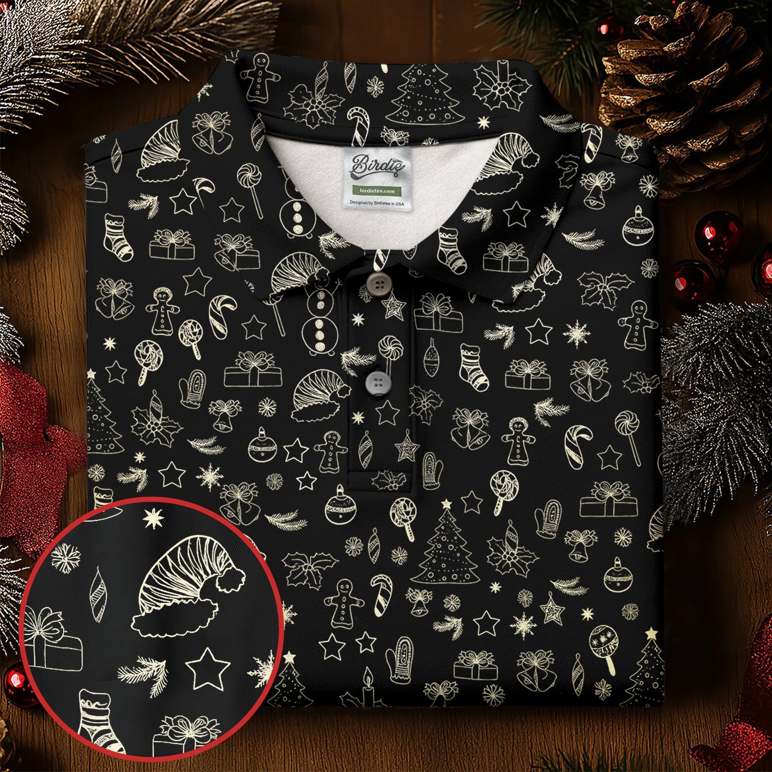 Festive Christmas Golden Pattern Men's Golf Polo Shirts, Christmas Golf Shirt, Golf Gift For Men