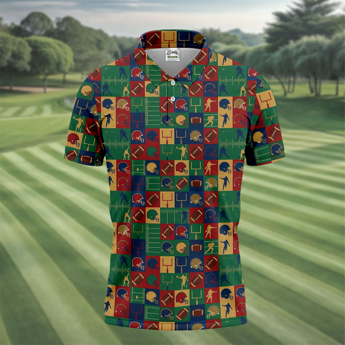 Football Pattern Square Grid Sport Polo, American Football Shirt, Game Day Football Theme Polo For Men