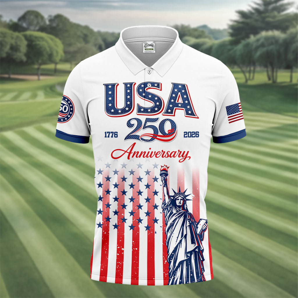 250 Anniversary Statue Of Liberty US Flag Golf Shirt, Patriotic 4th Of July Golf Shirts For Men