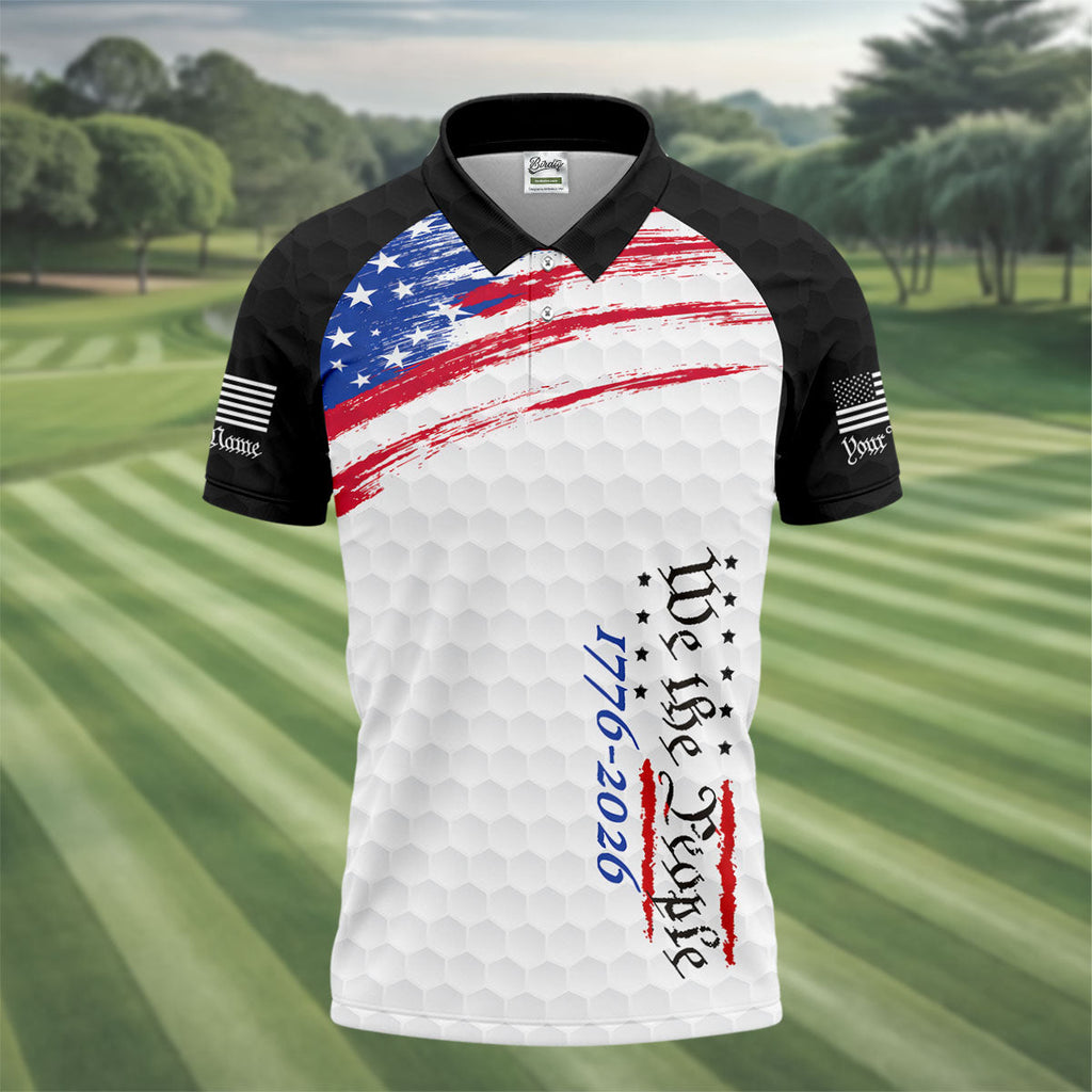 We The People 1776-2926 American Flag Brush Black Golf Shirt, 250 Years Patriotic 4th Of July Golf Shirts For Men