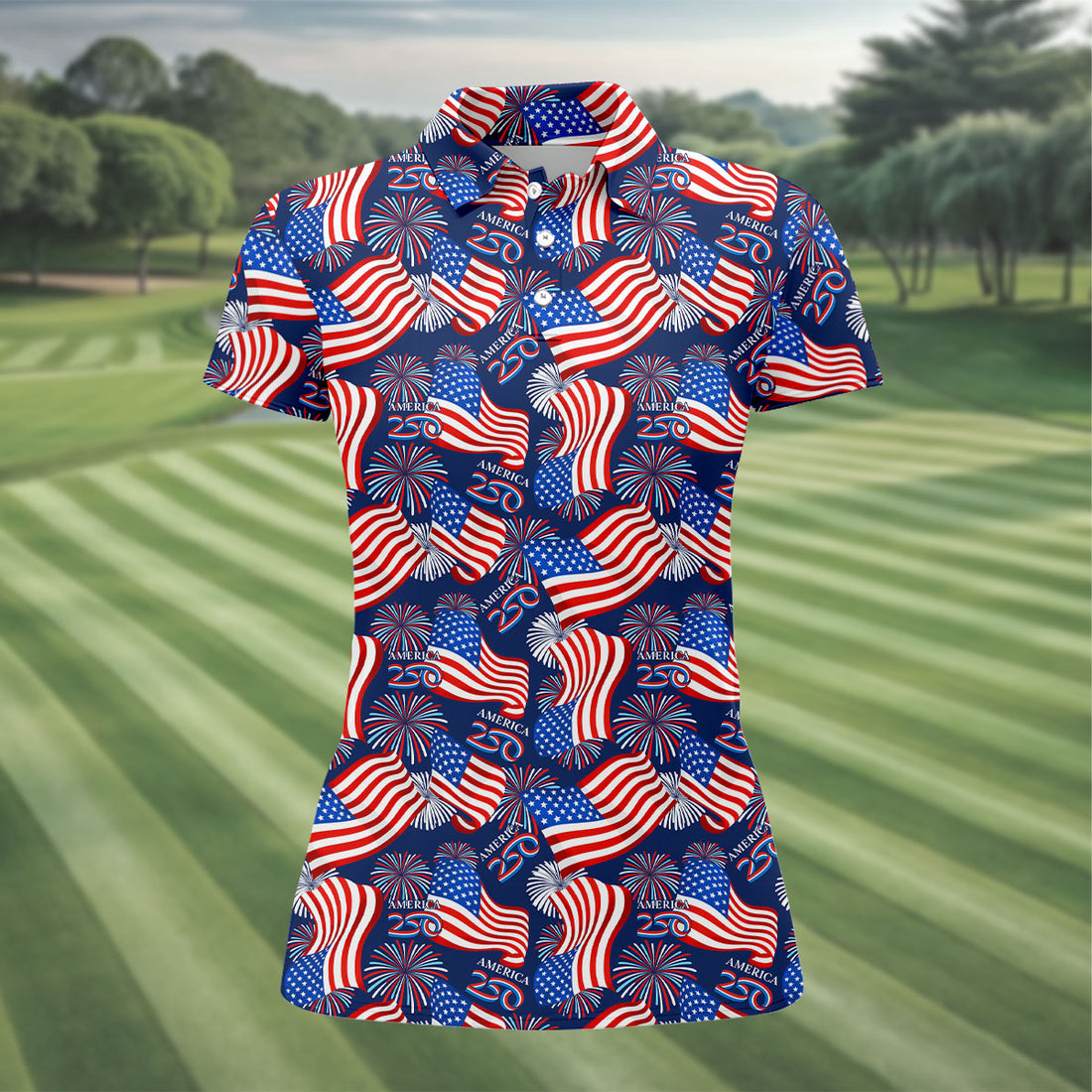 America 250 Anniversary Patriot Flag Navy Golf Shirt, Women's Golf Tops, Ladies Golf Shirt