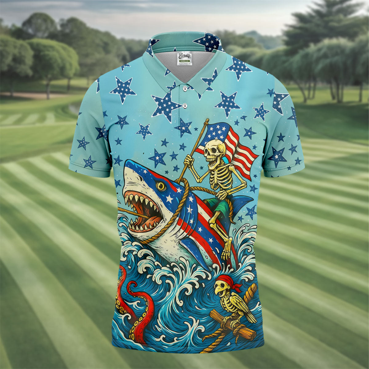 Skeleton Riding Shark Patriotic Golf Shirt, 4th Of July Golf Shirt, 250 Years Polo Shirts For Men