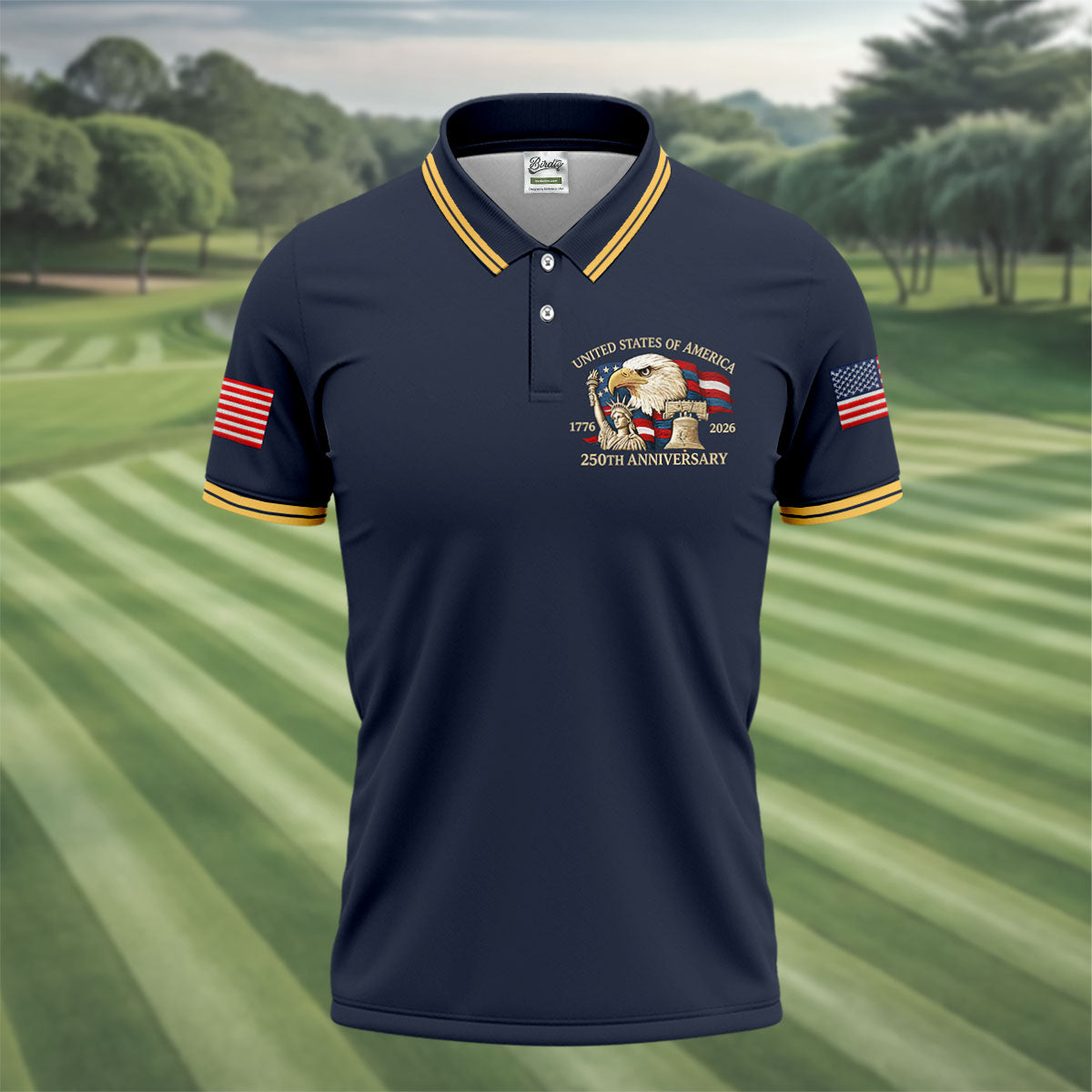 Bald Eagle American Flag 250 Years Navy Golf Shirt, Patriotic 4th Of July Golf Shirts For Men