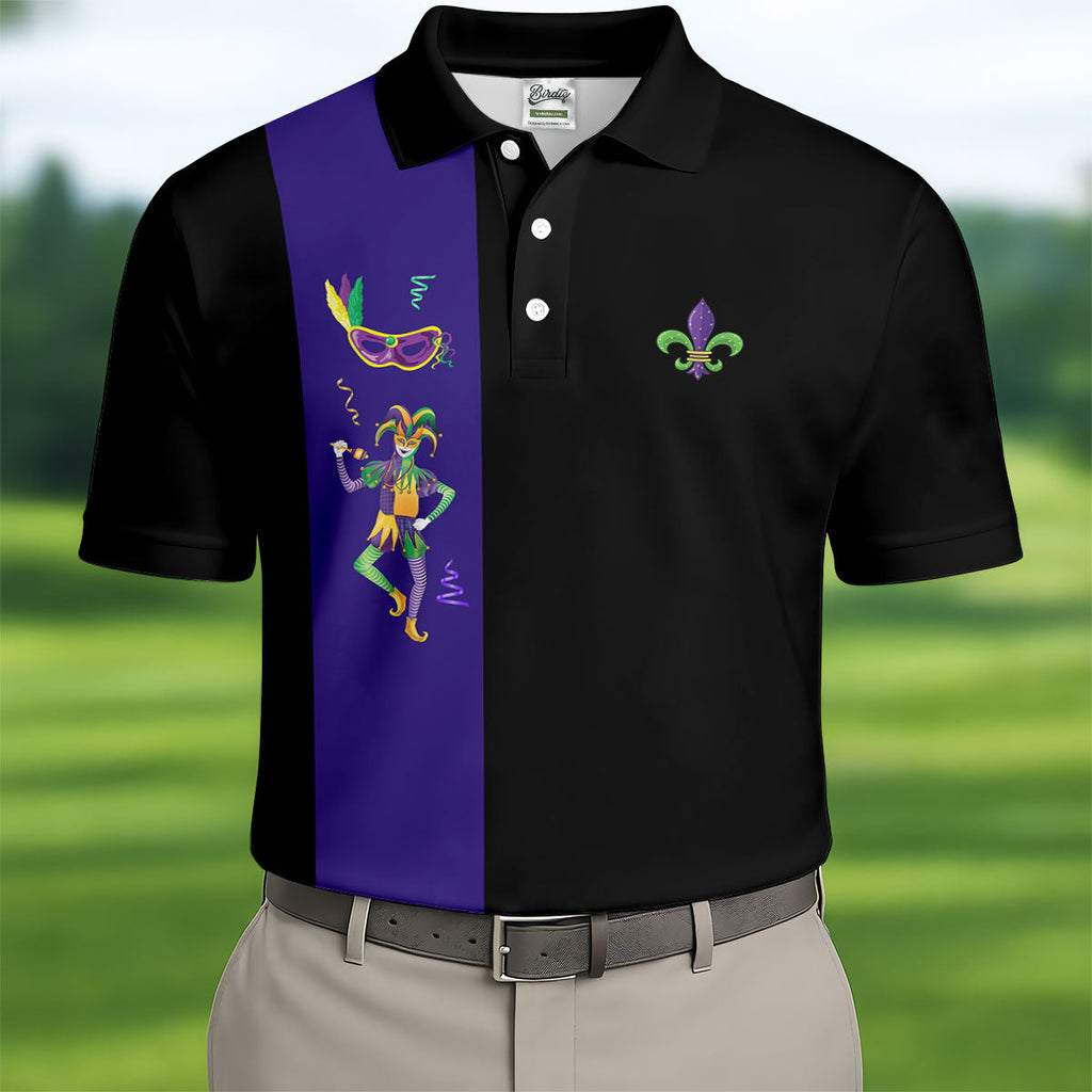 Mardi Gras Festival Jester Figure Fleur De Lis Symbol Black Golf Shirt, Polo Shirts For Men, Golf Shirts For Men