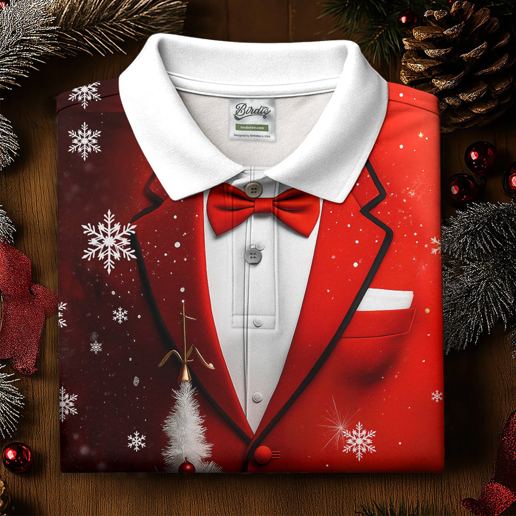 Snow Pine Tree Black And Red Christmas Men's Golf Polo Shirts, Christmas Golf Shirt, Golf Gift For Men