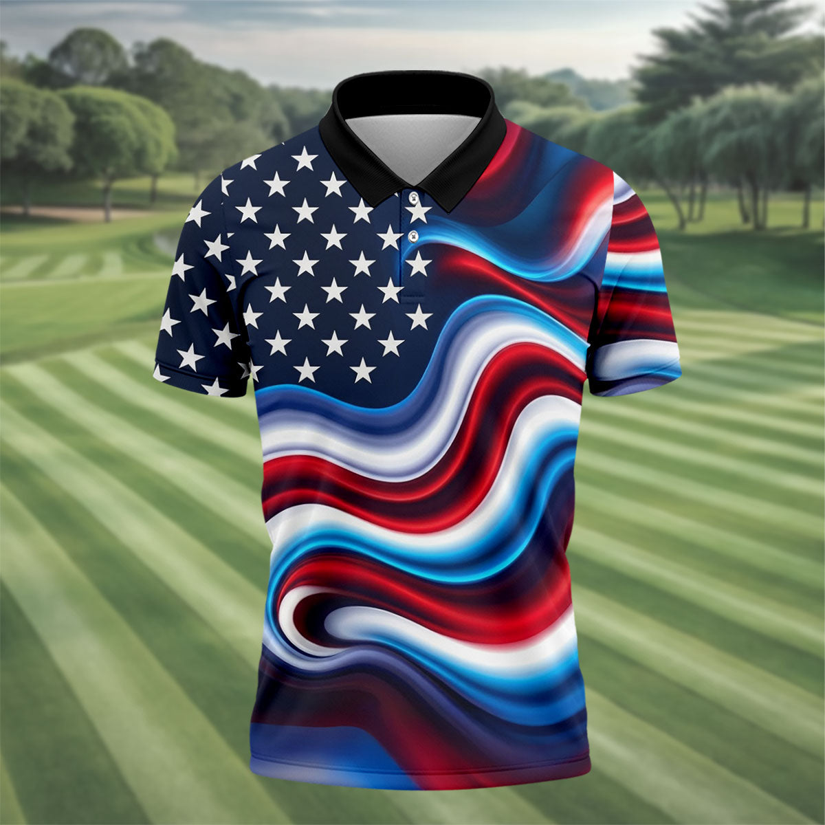 Star Pattern Red White Blue Wavy Stripes 250th Anniversary, Patriotic 4th Of July Golf Shirts For Men