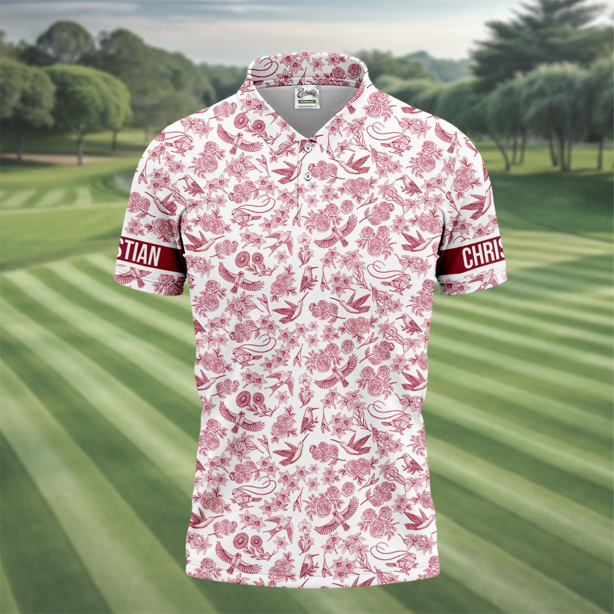 Custom Name Toile de Jouy Birds And Flowers White And Red Polo Shirts For Men, Golf Gift For Men