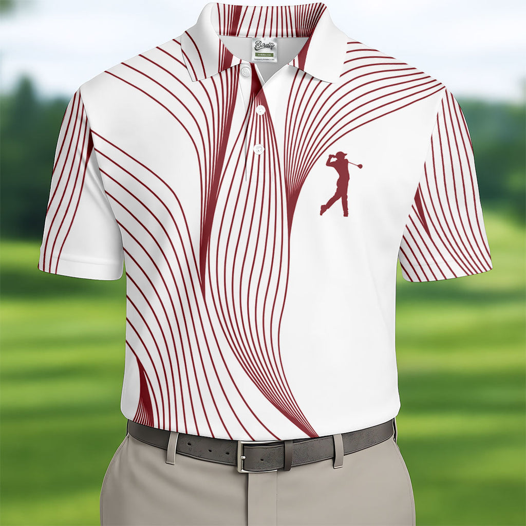 Geometric Line Wavy Line Maroon And White Golf Shirts For Men, Men's Golf Shirt, Polo Shirts For Men