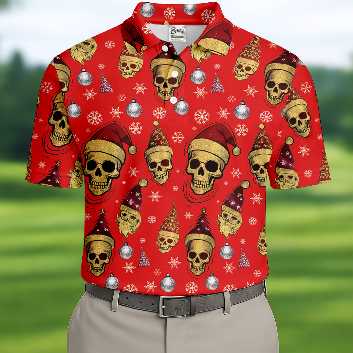 Vintage Skull Christmas Golf Shirt, Red Golf Shirt, Golf Shirts For Men, Cool Golf Gift, Golfing Apparel