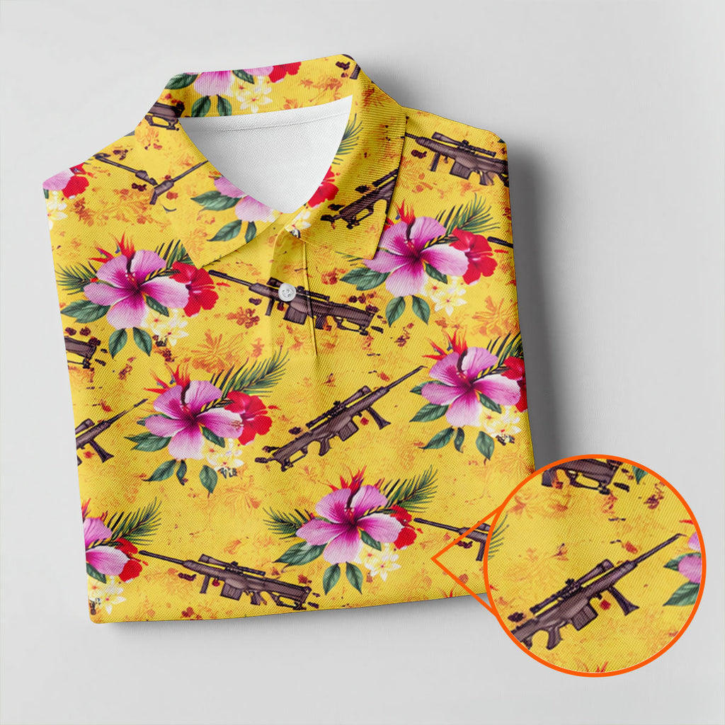 Floral Pattern Army Theme Hawaiian Yellow Golf Shirt, Men's Golf Polo Shirts, Golf Shirts For Men