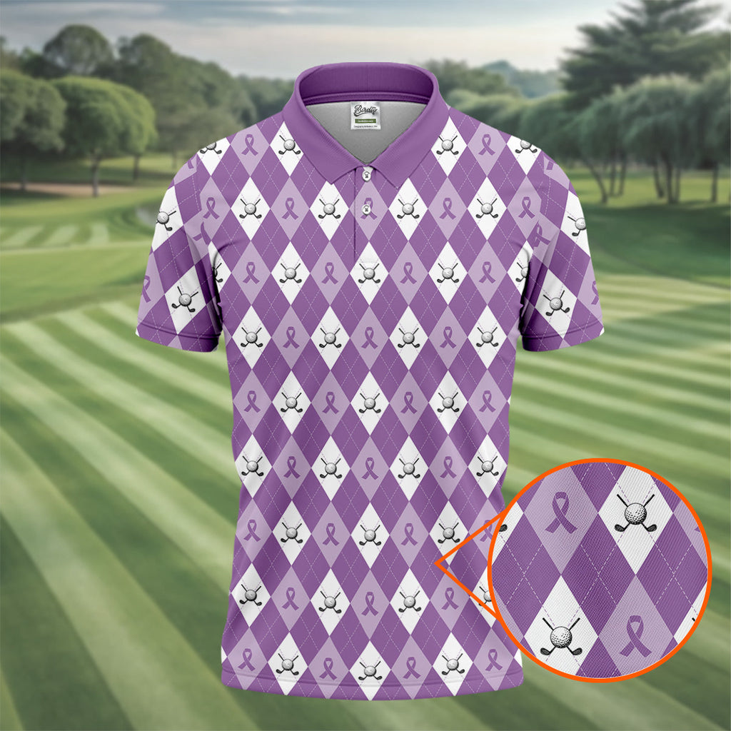 Pancreatic Cancer Purple And White Argyle Pattern Golf Tops For Men, Cancer Awareness Shirt
