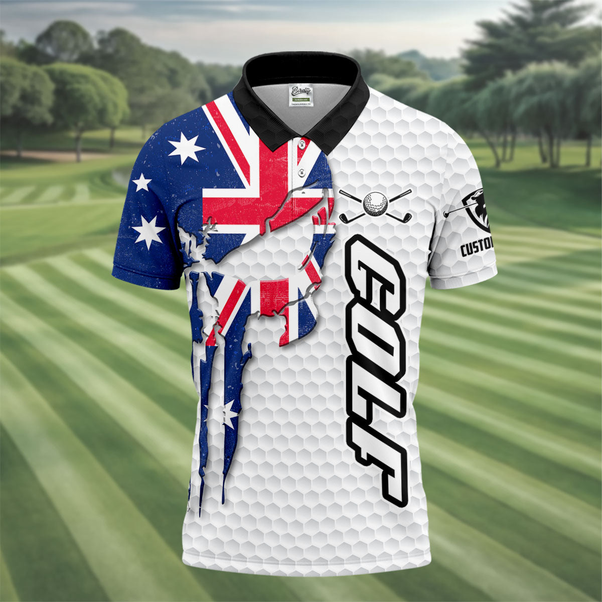 Cool Skull Golf Ball Pattern Australia Flag Print White Golf Shirt, Polo Shirts For Men