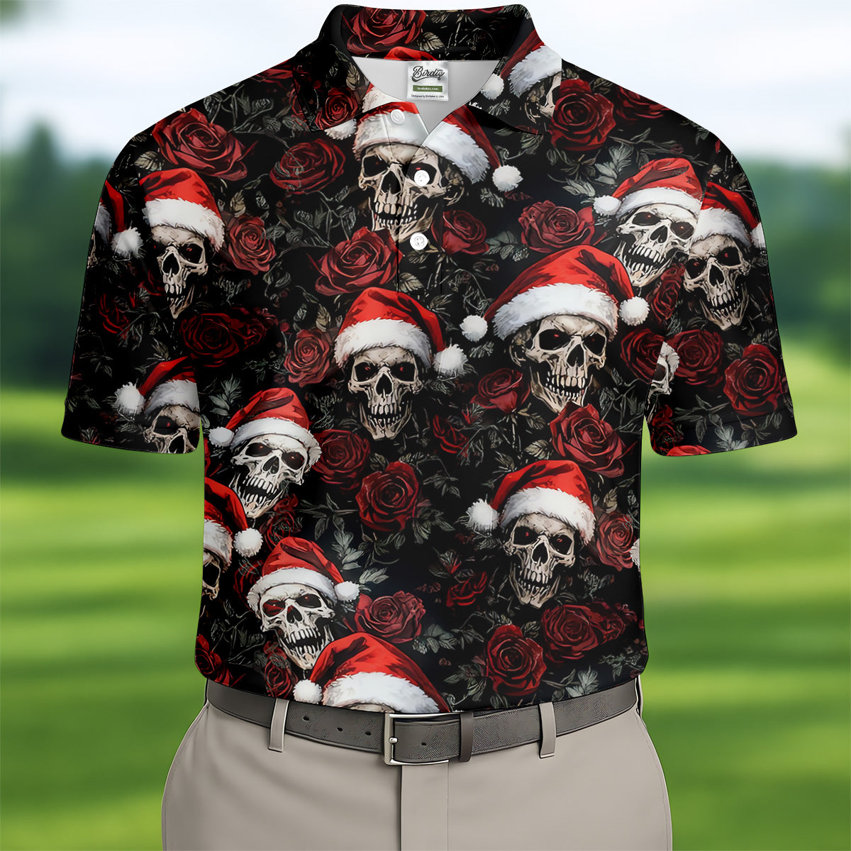 Vintage Skull And Roses Christmas Golf Shirt, Cool Golf Outfit, Polo Shirts For Men, Golf Shirts For Men