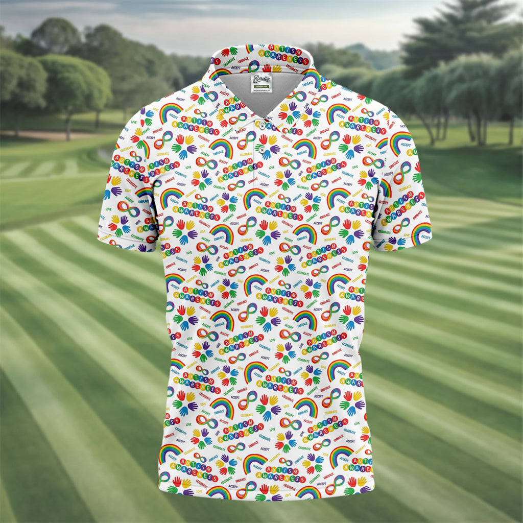Autism Awareness Rainbow Pattern Colorful Handprints White Golf Shirt, Polo Shirts For Men