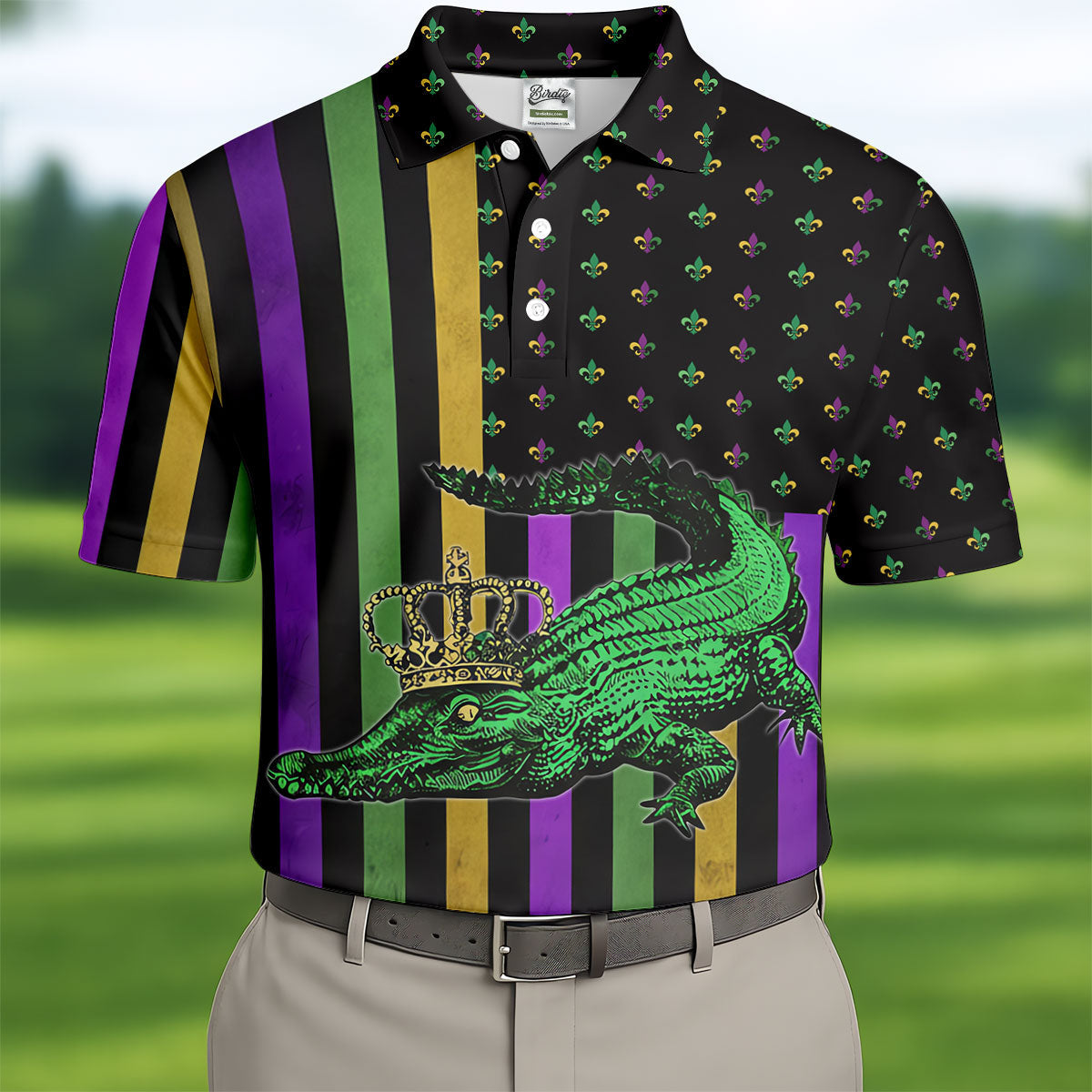 Mardi Gras Aligator Purple Green Gold Vertical Stripes Fleur De Lis Golf Tops For Men, Polo Shirts For Men