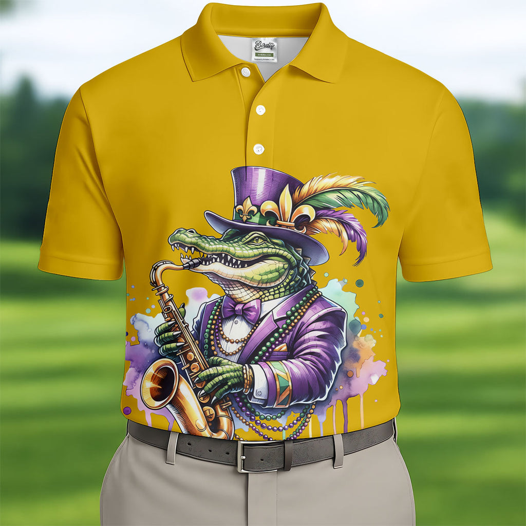 Mardi Gras Alligator Playing Saxophone Yellow Golf Shirt, Golf Shirts For Men, Polo Shirts For Men