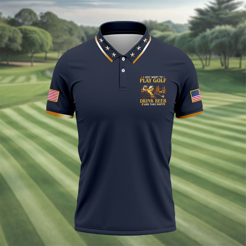 I Just Want To Play Golf Drink Beer And Take Naps Navy Golf Shirt, Men's Funny Golf Shirts