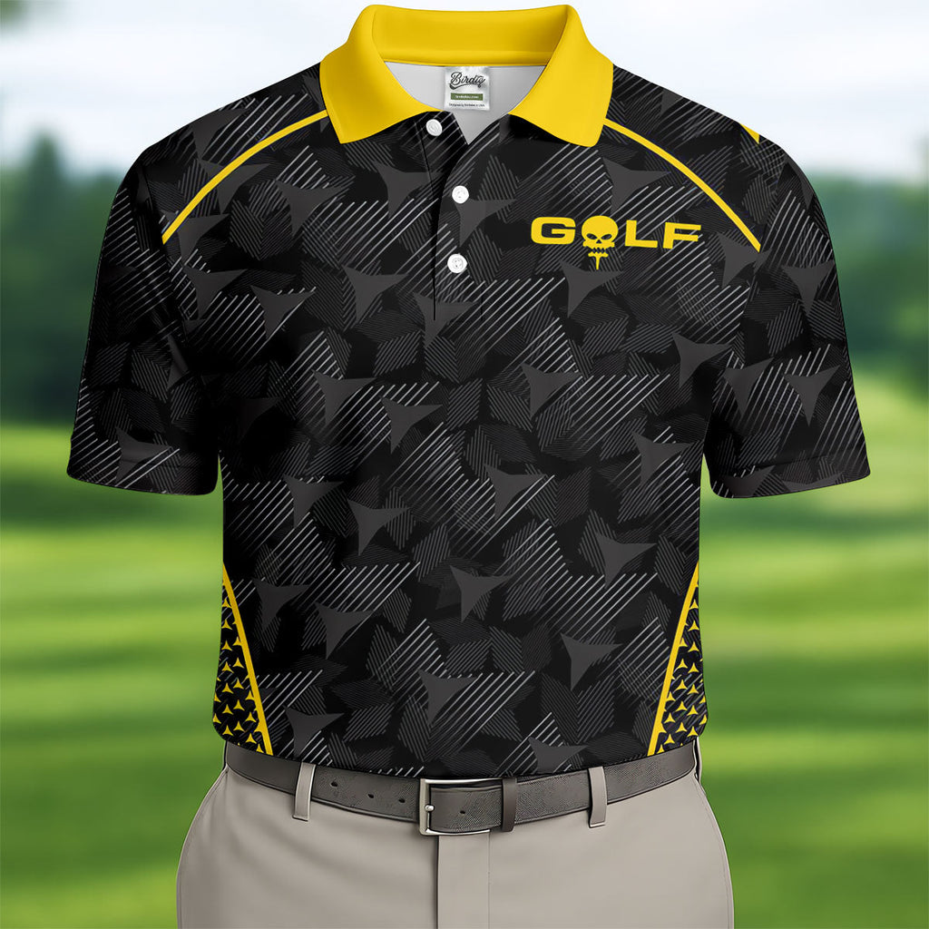Abstract Triangle Black Yellow Golf Tops For Men, Father's Day Golf Gift, Polo Shirts For Men