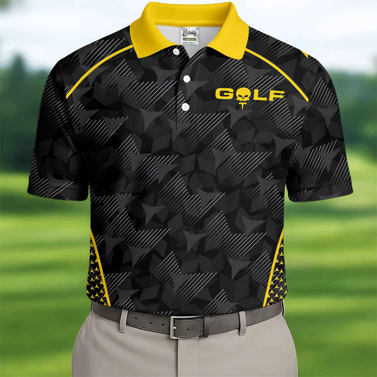 Abstract Triangle Black Yellow Golf Tops For Men, Father's Day Golf Gift, Polo Shirts For Men