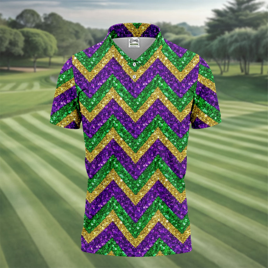 Mardi Gras Purple Gold Green Zigzag Pattern Glitter Print Golf Tops For Men, Polo Shirts For Men, Golf Shirts For Men