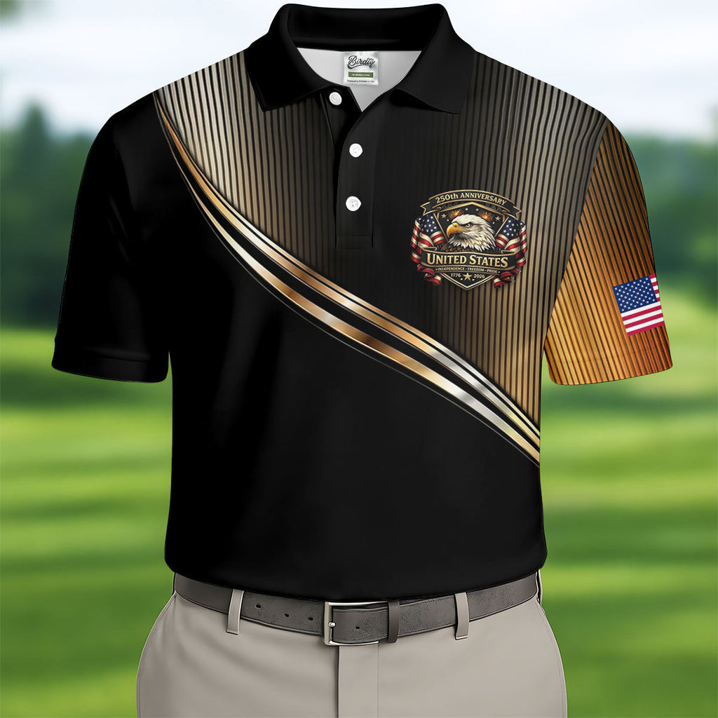 250th Anniversary Metallic Looking Patriotic Golf Shirt, 4th Of July Golf Shirts For Men
