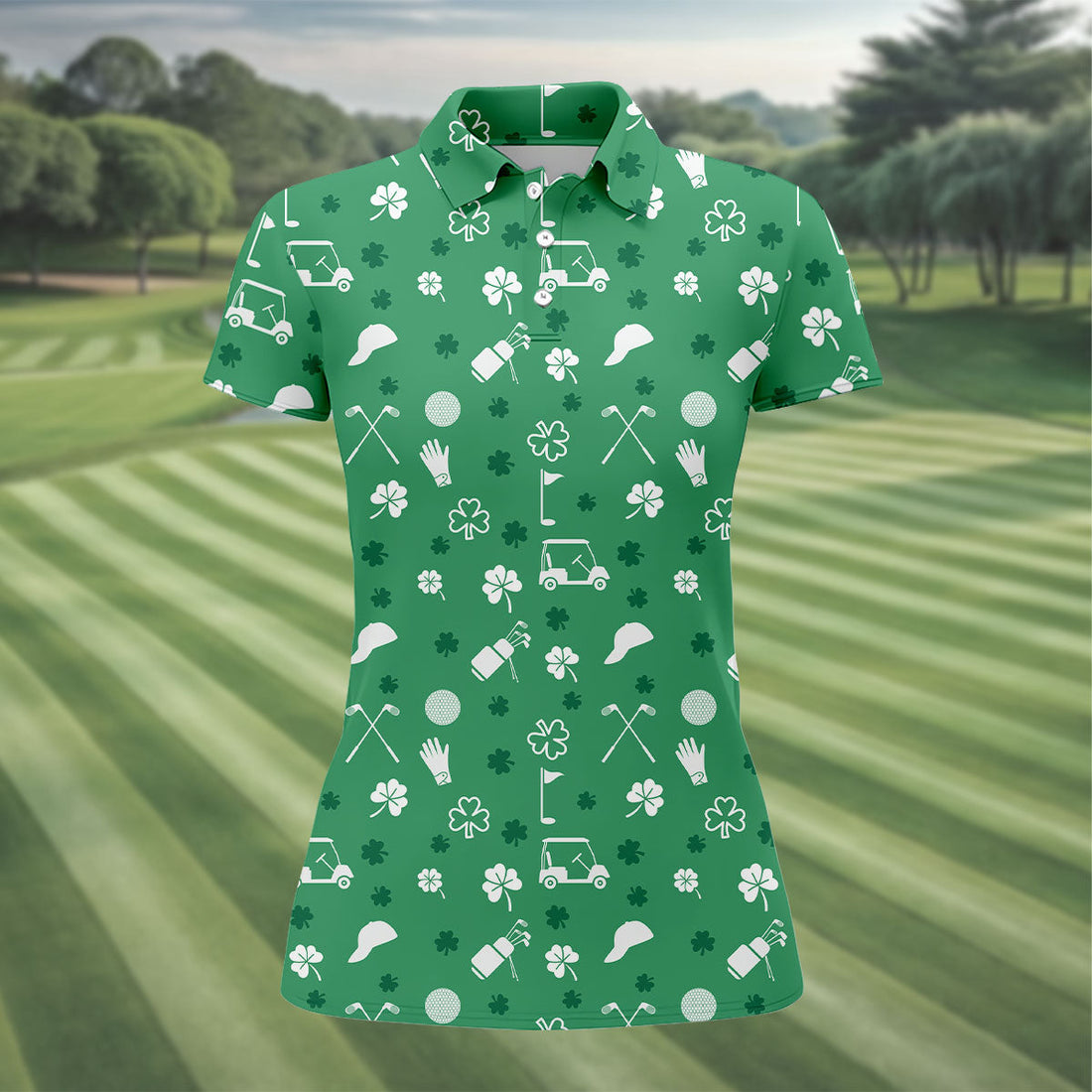 Golf Items Seamless Pattern St. Patrick’s Day Shamrock Golf Shirt, Women's Golf Tops, Ladies Golf Polos