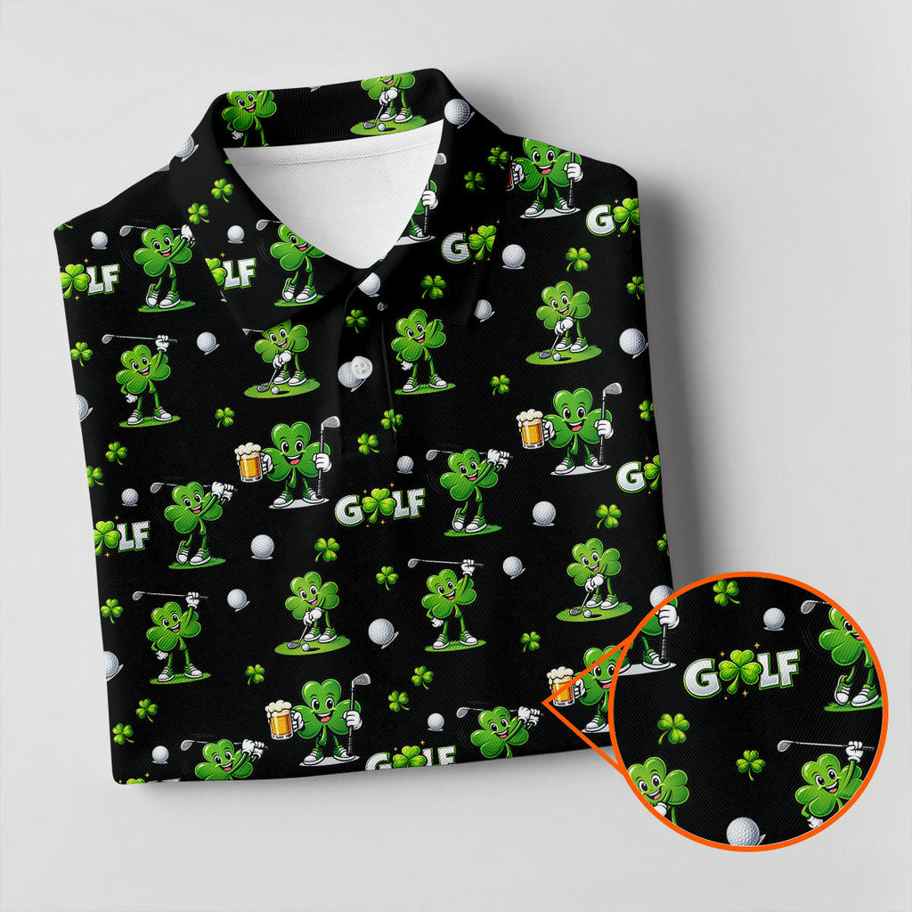 Three Leaf Clover Golf And Beer St Patrick's Day Black Golf Shirt, Fun Golf Shirts For Men, Polo Shirts For Men