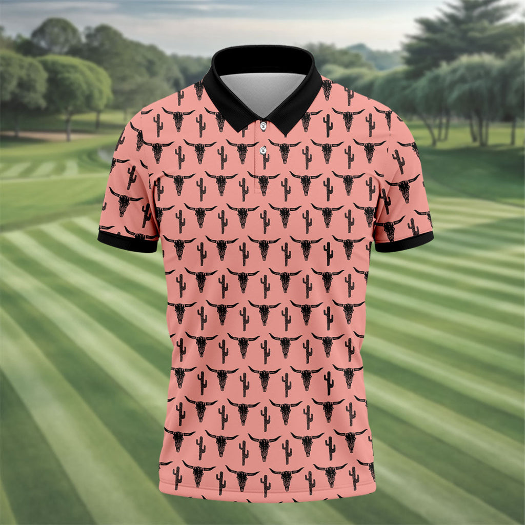 Longhorn Cow Skull Western Theme Peach Pink Golf Tops For Men, Polo Shirts For Men, Golf Shirts For Men