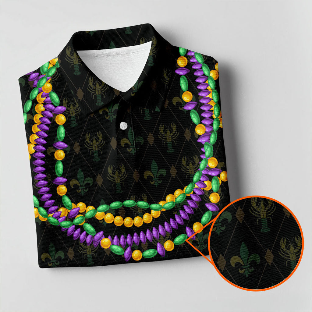 Mardi Gras Beads Chain Crawfish Fleur De Lis Black Golf Shirt, Polo Shirts For Men, Golf Shirts For Men