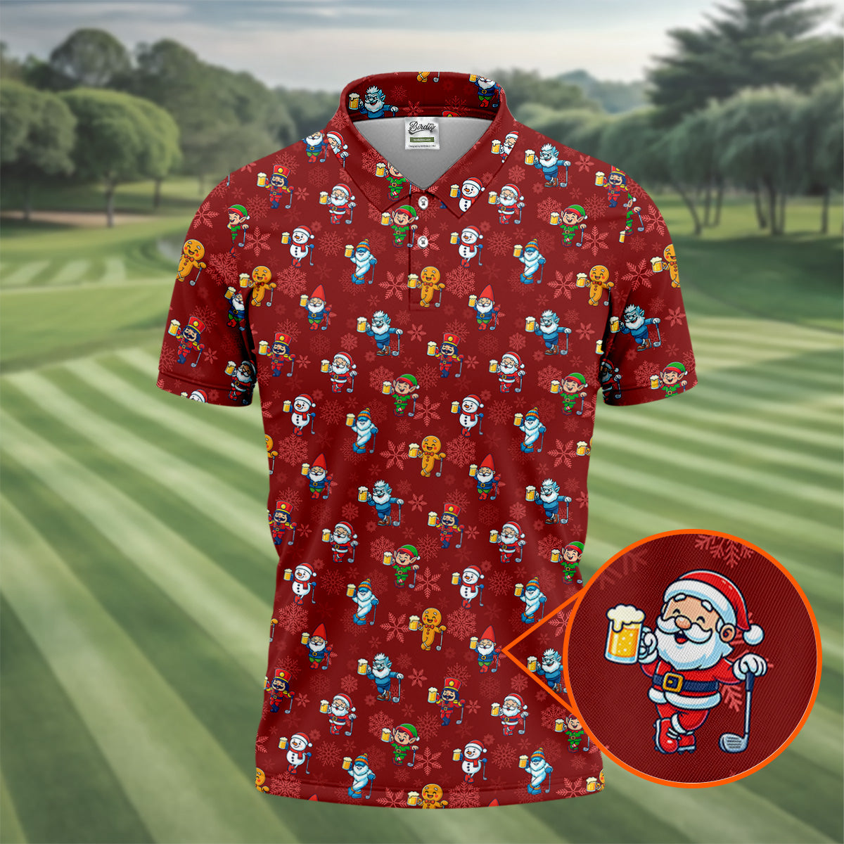 Christmas Characters Golf And Beer Red Men's Funny Golf Shirts, Christmas Golf Shirt, Polo ShirtFor Men