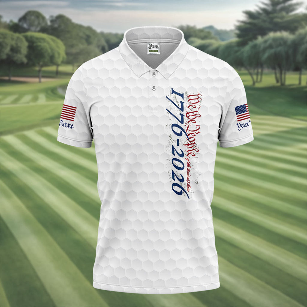We The People Distressed American Flag White Golf Shirt, 250 Years Patriotic 4th Of July Golf Shirts For Men