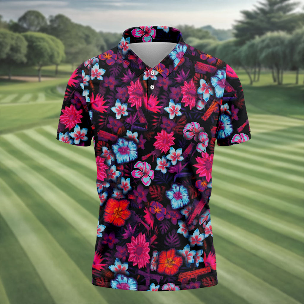 Colorful Hibiscus Tropical Floral Hawaiian Golf Shirt, Summer Vibe Golf Shirts For Men