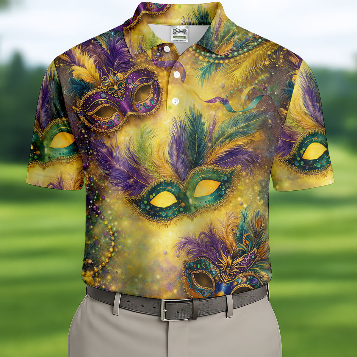 Masquerade Mask Beads Chain Sparkling Effect Mardi Gras Golf Shirt, Polo Shirts For Men, Golf Shirts For Men