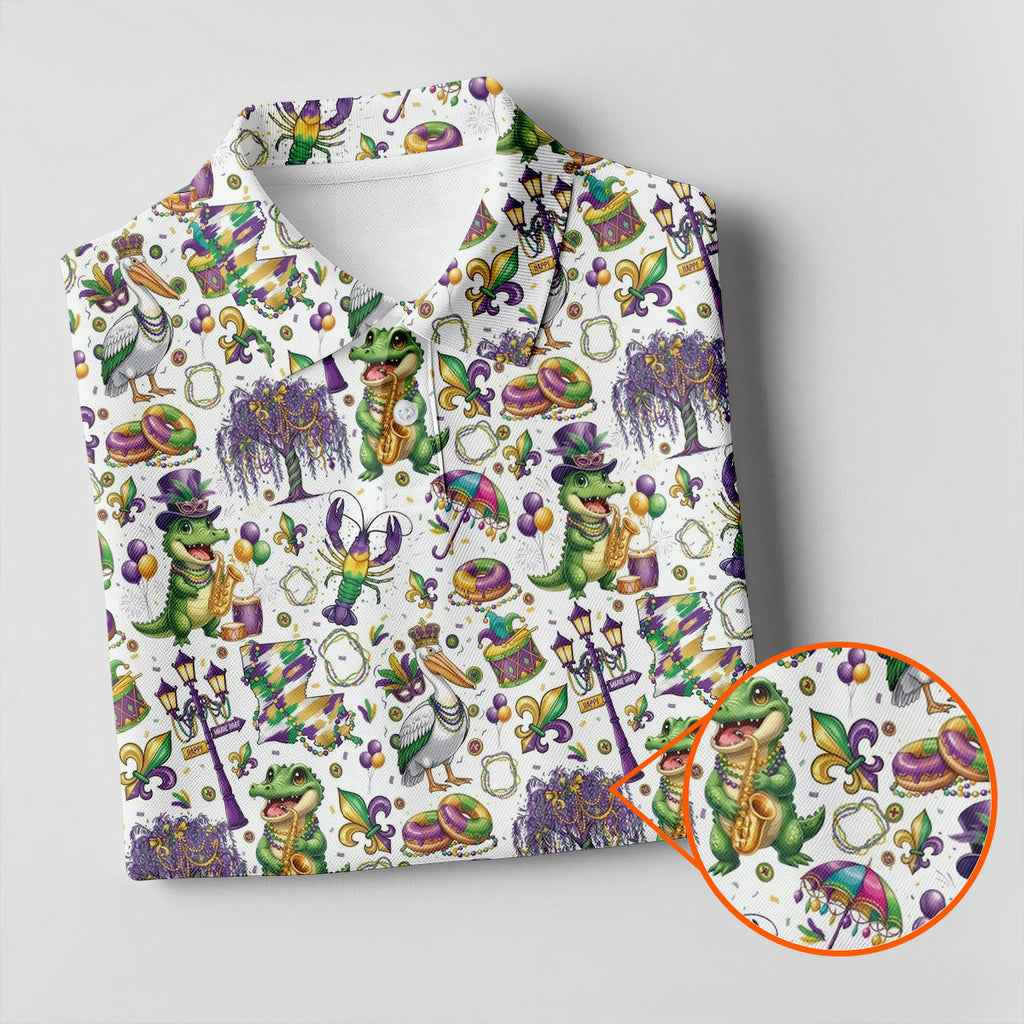 Mardi Gras Fleur De Lis Animal Band White Golf Shirt, Golf Tops For Men, Polo Shirts For Men