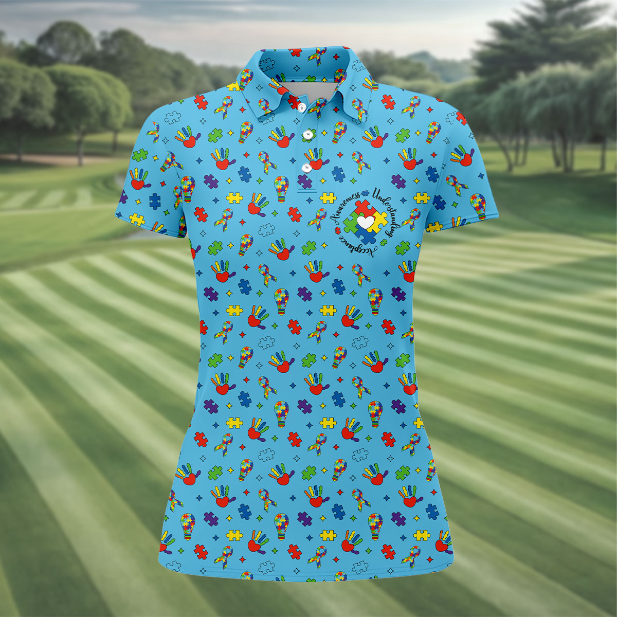 Awareness Understanding Acceptance Autism Ribbon Blue Golf Shirt, Autism Awareness Colors Women's Golf Tops