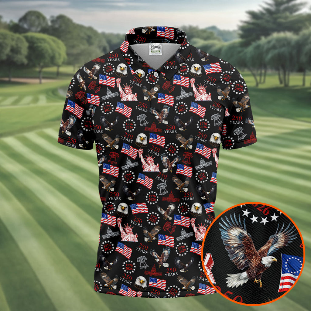 250 Years American Symbol Patriotic Pattern Black Golf Shirt, 4th Of July Golf Shirt, Golf Shirts For Men
