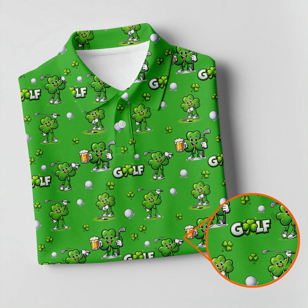 Three Leaf Clover Golf And Beer St Patrick's Day Green Golf Shirt, Fun Golf Shirts For Men, Polo Shirts For Men