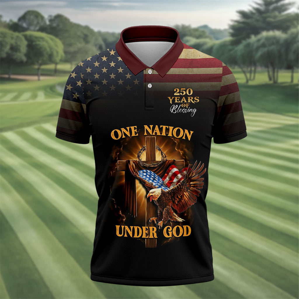 One Nation Under God 250 Years Faith Cross Golf Tops For Men, Patriotic US Flag Father's Day Golf Shirt
