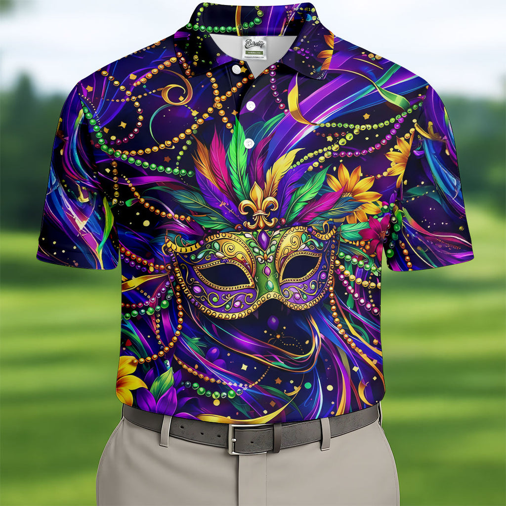 Mardi Gras Beads Ribbons Feather Masquerade Mask Print Golf Shirt, Golf Polo Shirts, Golf Tops For Men
