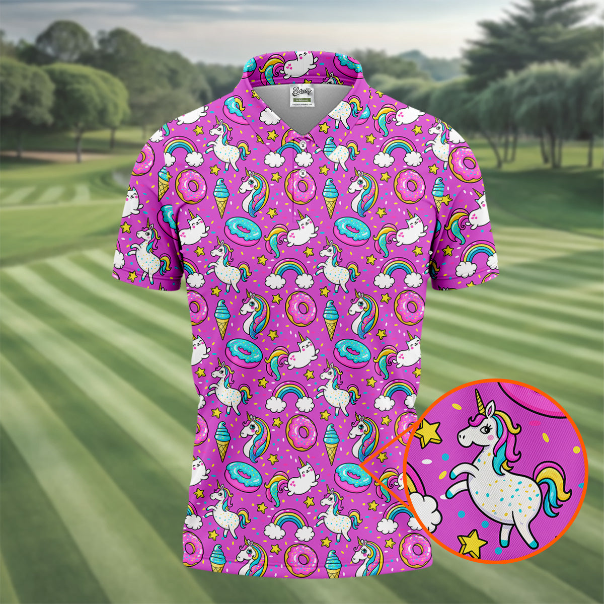 Funny Pink Donut Unicorn Mens Golf Shirts, Polo Shirts For Men, Cute Golf Outfit, Golfing Apparel