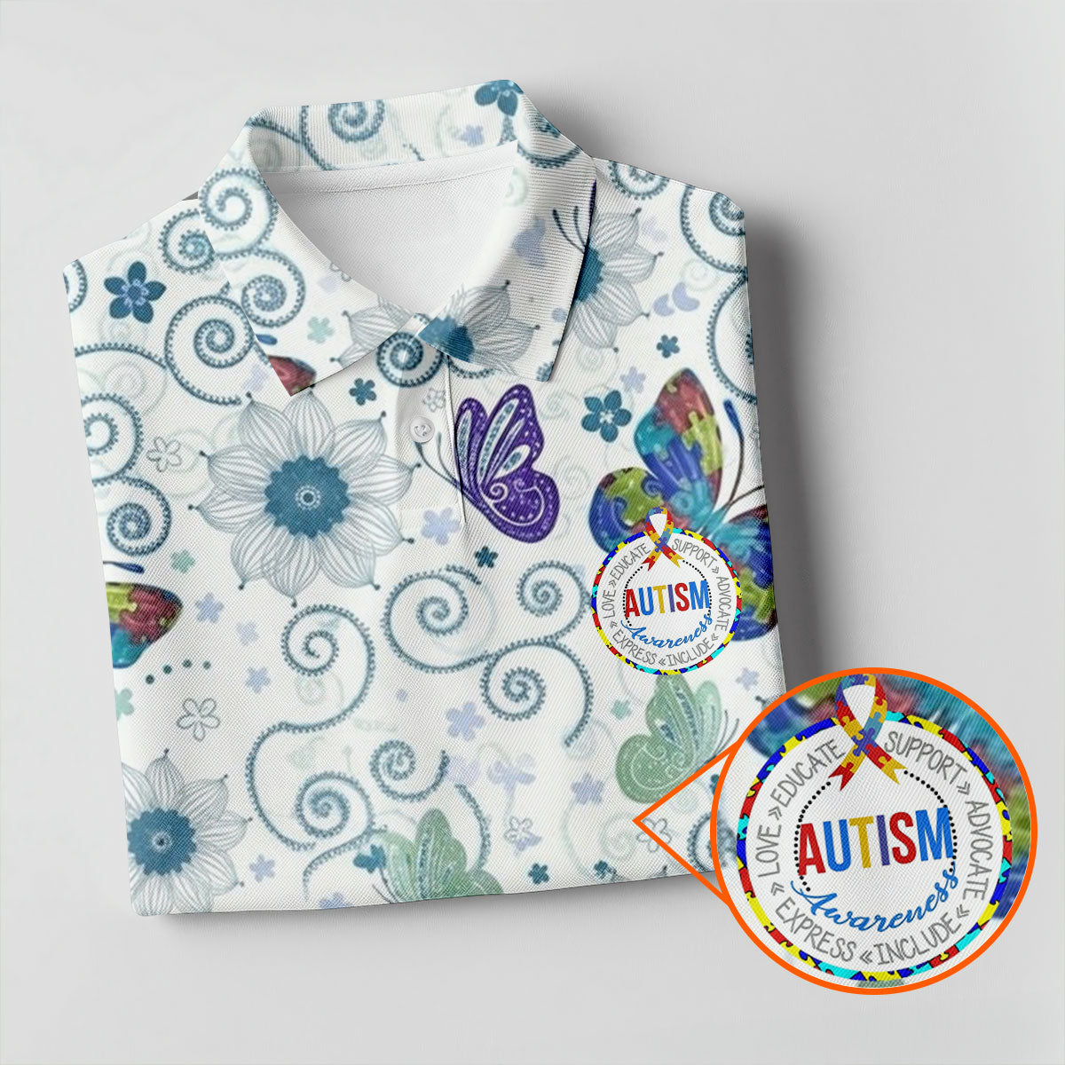 Autism Awareness Flower And Butterfly Puzzle Ribbon Men's Golf Shirt, Polo Shirts For Men